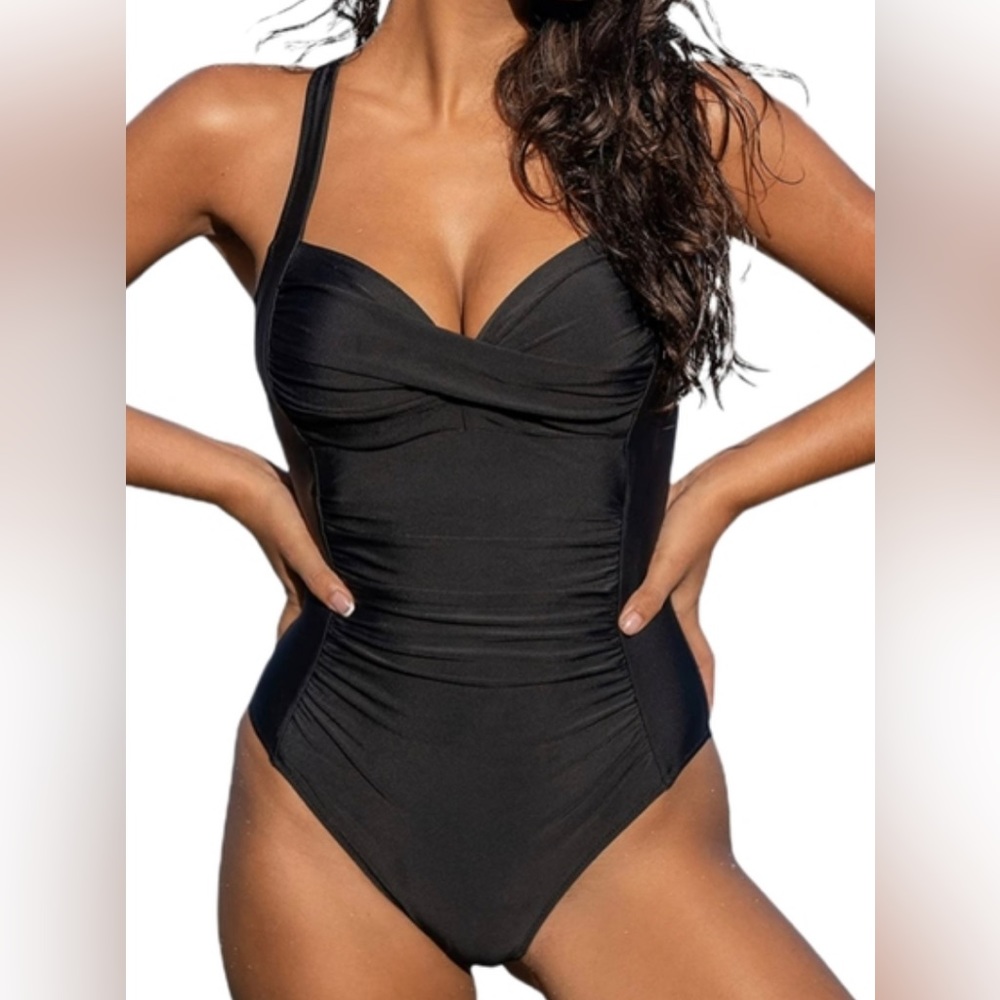 Lunabelle Ruched Front Ballet Back One-Piece Swimsuit, Black, sz L